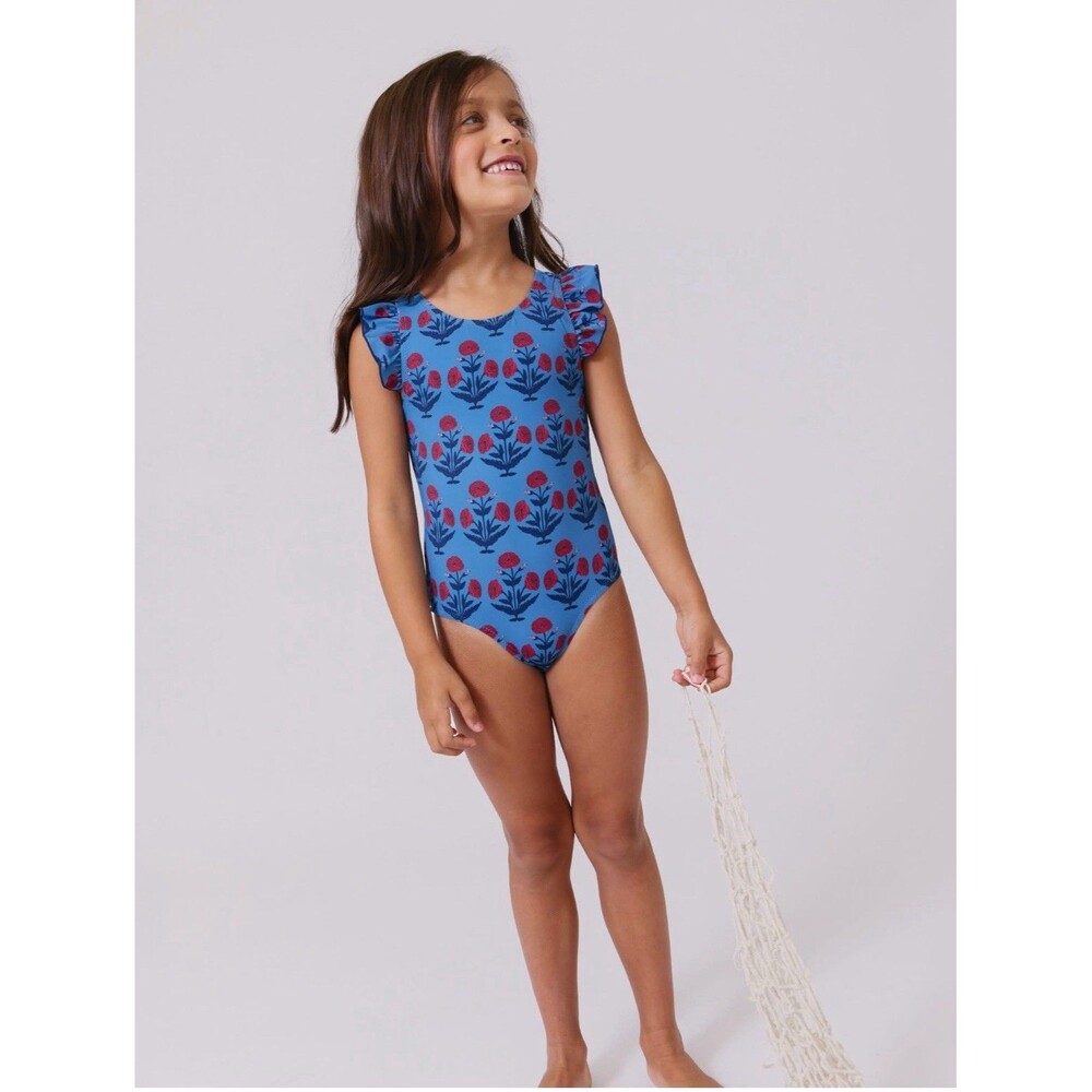 Pink Chicken One Piece Swimsuit Girl's Size 10 years Blue Floral Print